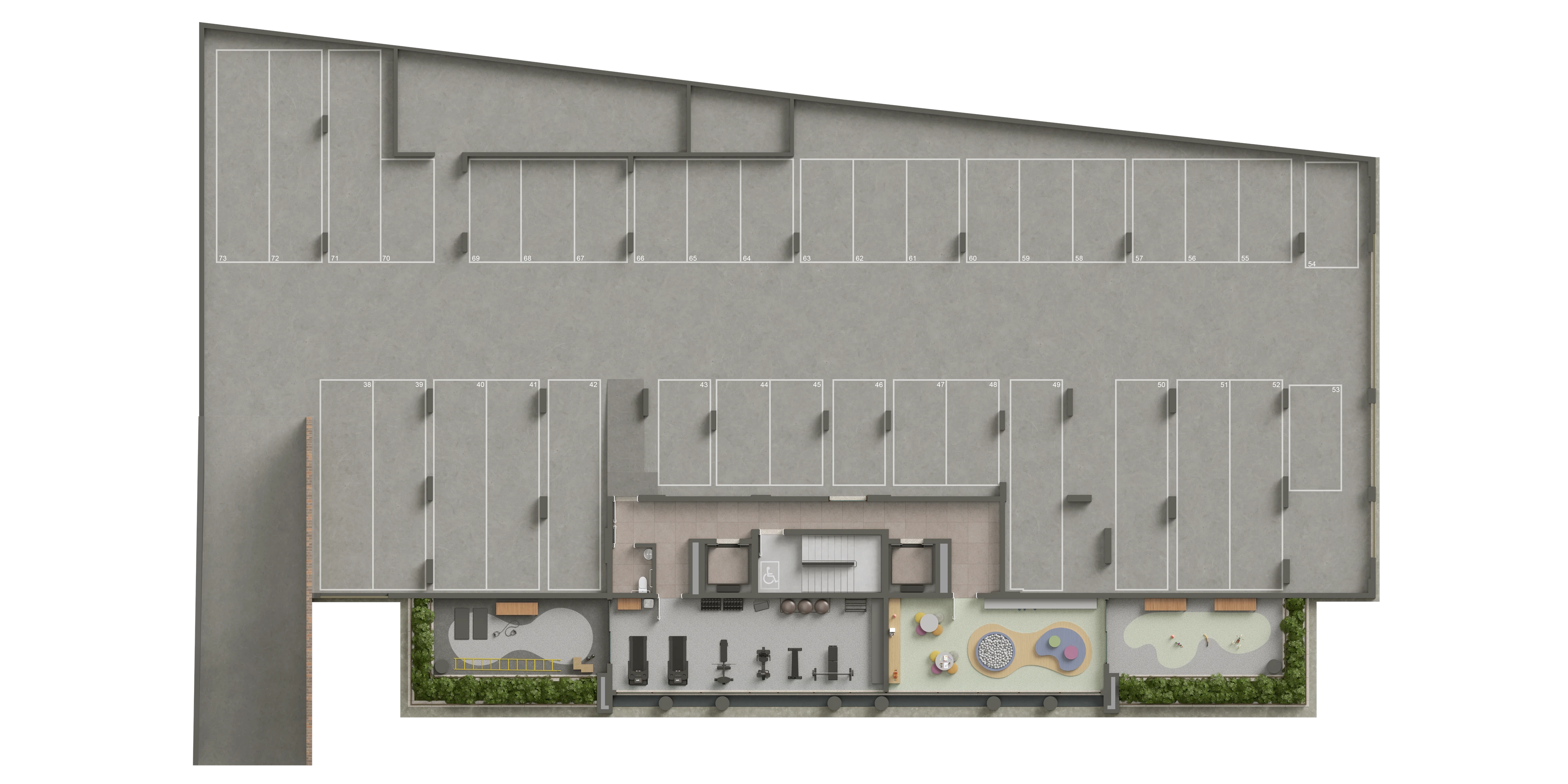 Planta de implantação do 2º pavimento do Pátio Múcio, com brinquedoteca, espaço fitness e vagas de garagem