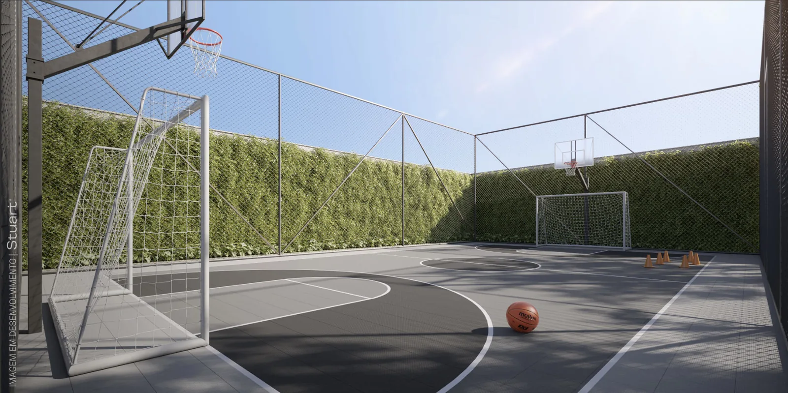 Mini quadra poliesportiva do Pátio Múcio com marcação de basquete e futebol