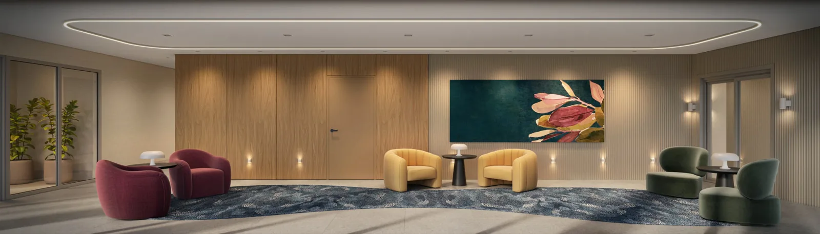 Hall de entrada do Pátio Múcio com marcenaria, poltronas coloridas e obra de arte
