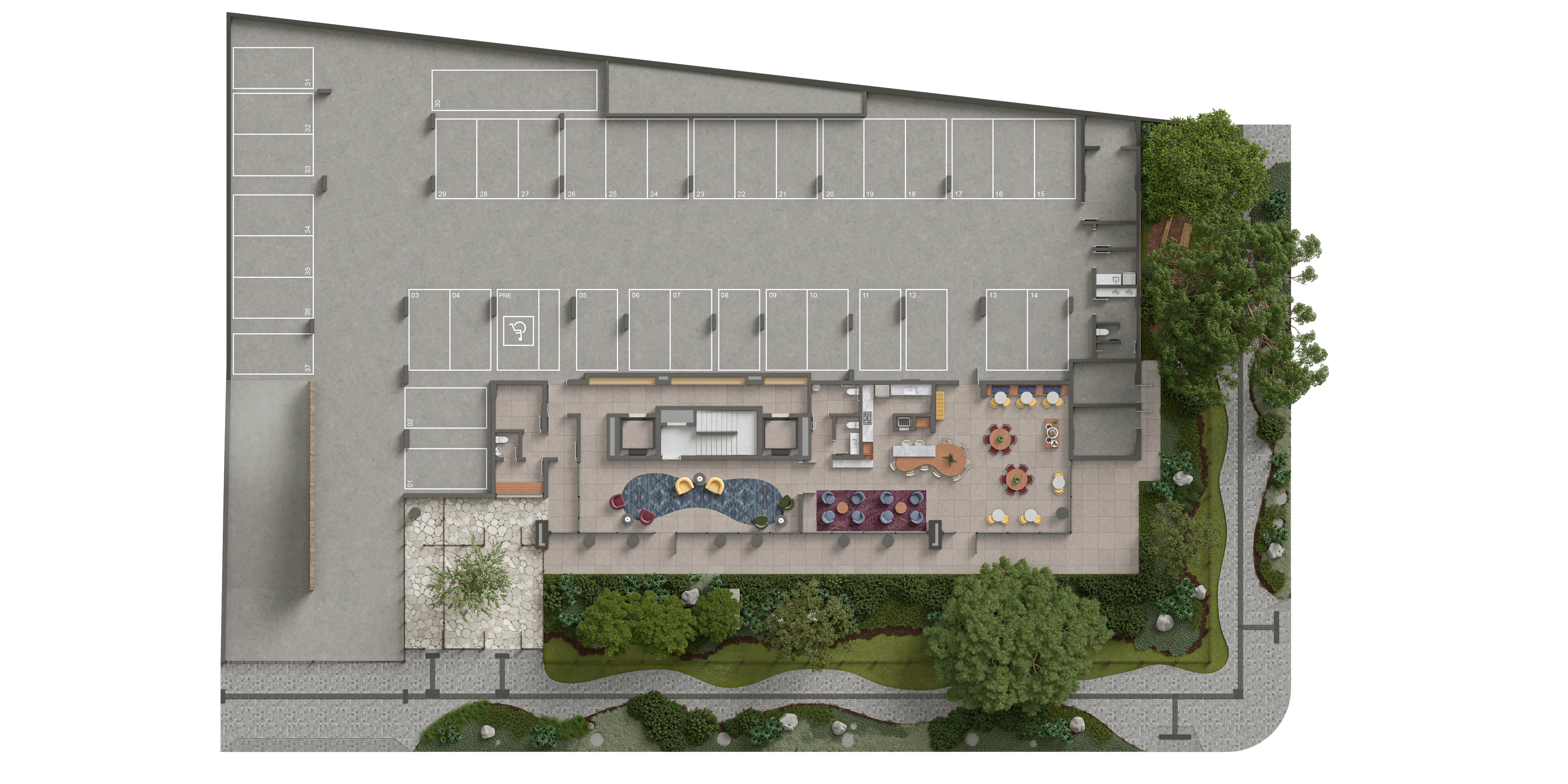 Planta de implantação do térreo do Pátio Múcio, com hall de entrada, salão de festas, paisagismo e estacionamento