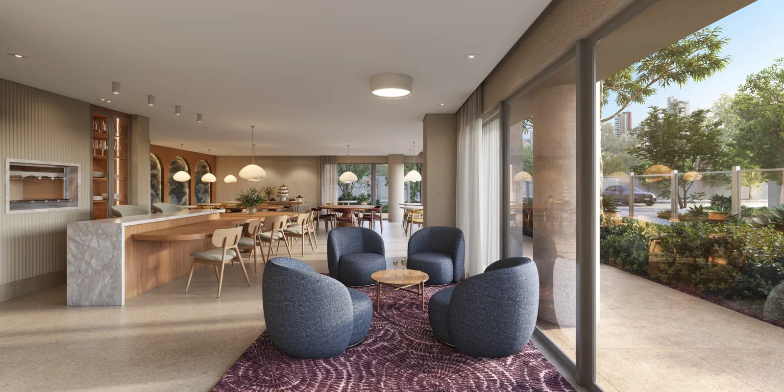 Salão de festas do Pátio Múcio com estar, sala de jantar e bar ao fundo