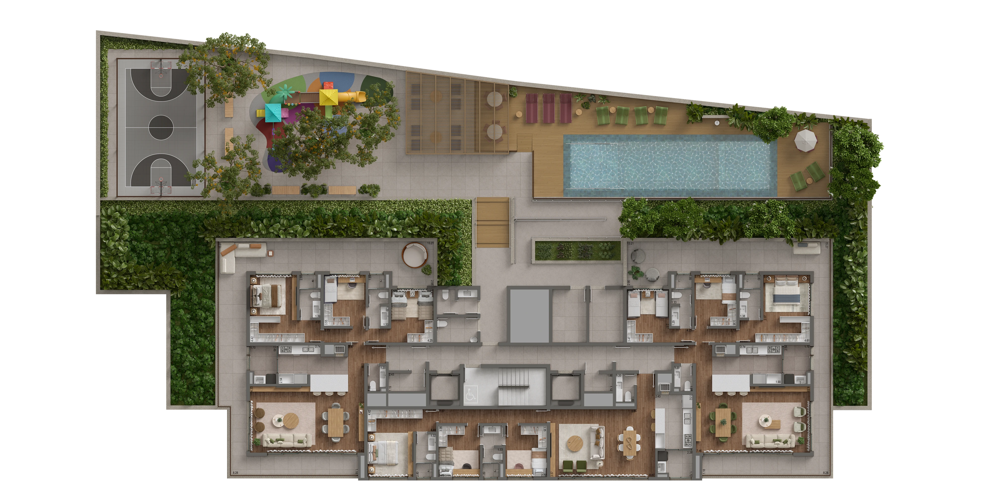 Planta de implantação do 3º pavimento do Pátio Múcio, com piscina, mini quadra, playground e apartamentos garden