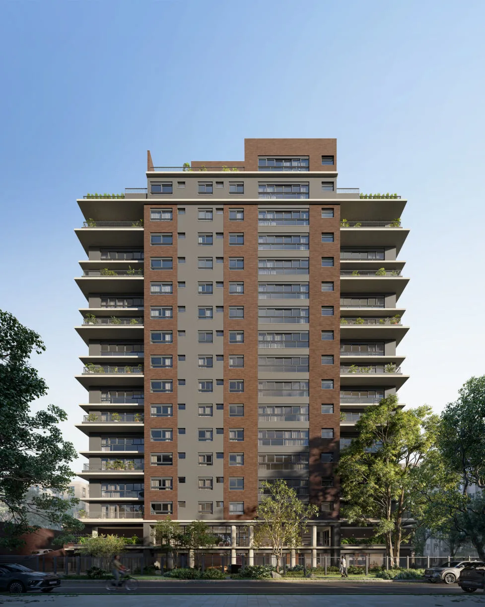 Render da fachada do Pátio Múcio em tijolo aparente, com varandas amplas e vegetação