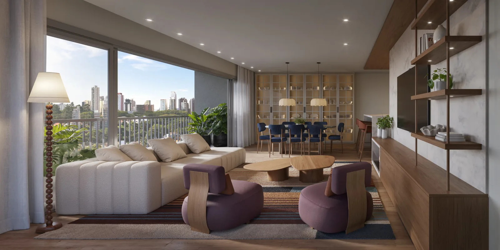 Living do apartamento tipo do Pátio Múcio com sofá bege, poltronas e sala de jantar integrada